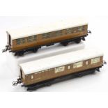 Two 1937-41 Hornby No.2 Corridor coaches, NE, both with white repainted roofs, silvering ‘going/