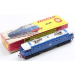 2245 Hornby-Dublo 2-rail converted to 3-rail 3300HP electric loco E3002, blue with white roof.