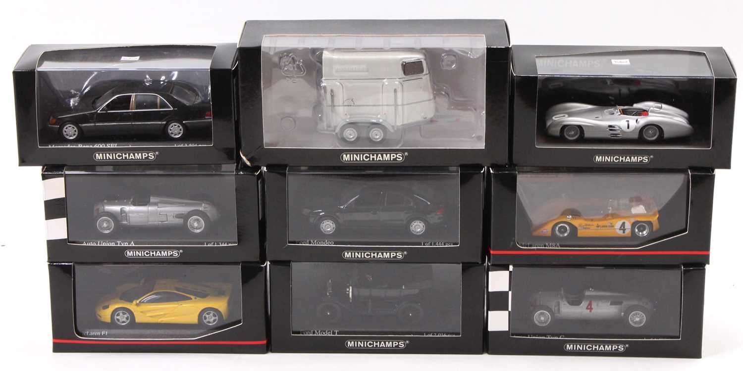 9 Minichamps 1/43rd scale diecasts, examples include No. 530 684304 McLaren M8A, No. 432 543001