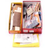 A shoebox containing miscellaneous brass wire, solder & lead for ballast together with fine strips