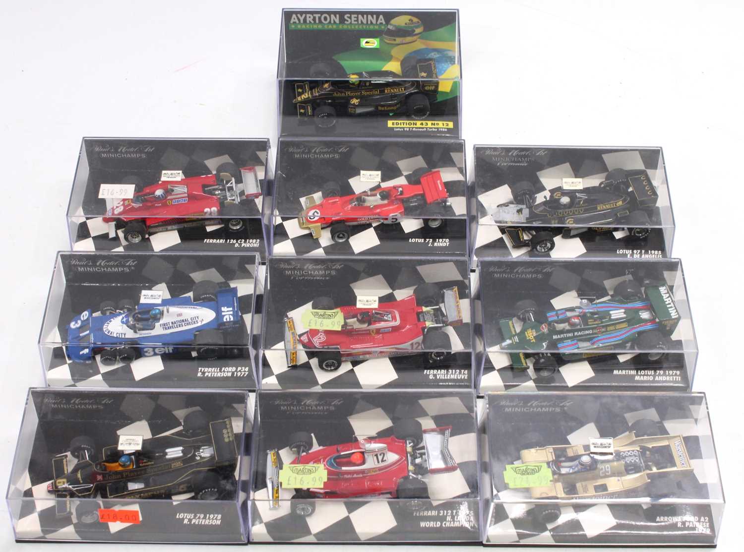 Ten various plastic cased Minichamps 1/43 scale F1 racing diecasts to include an Ayrton Senna racing