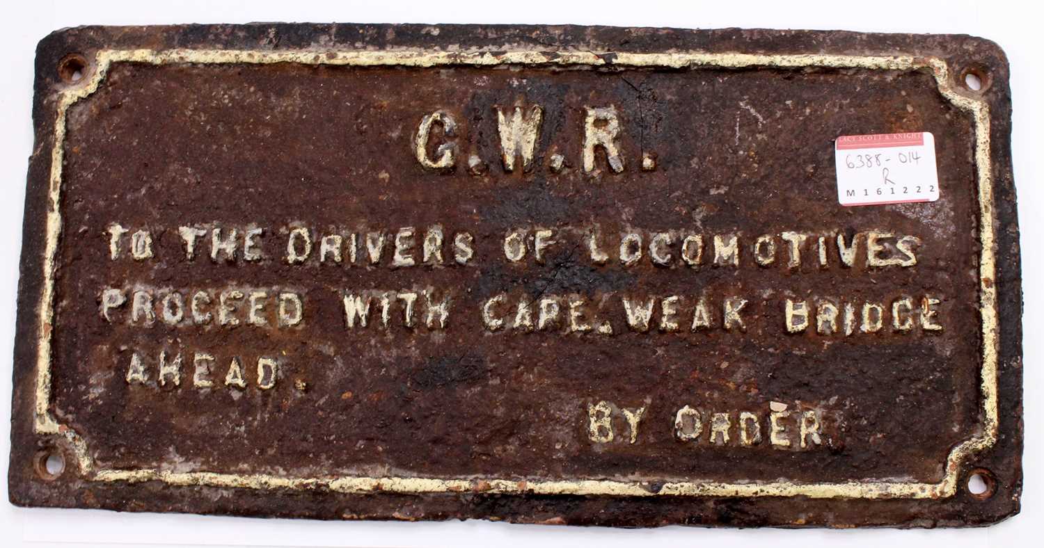 A reproduction Great Western Railway cast iron sign "To the Drivers of the Locomotives, Proceed With