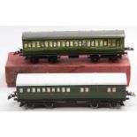 Two 1935-41 Hornby No.2 Passenger coaches: 1st/3rd Southern green. Some deterioration to