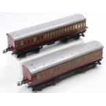 Two 1935-41 Hornby No.2 Passenger coaches, LMS maroon, (possibly post-war as shown by lighter grey