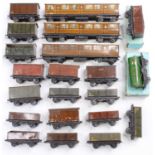 Eighteen pre-war Hornby-Dublo goods wagons in NE/LMS/GWR liveries plus one Power Ethyl tank wagon.