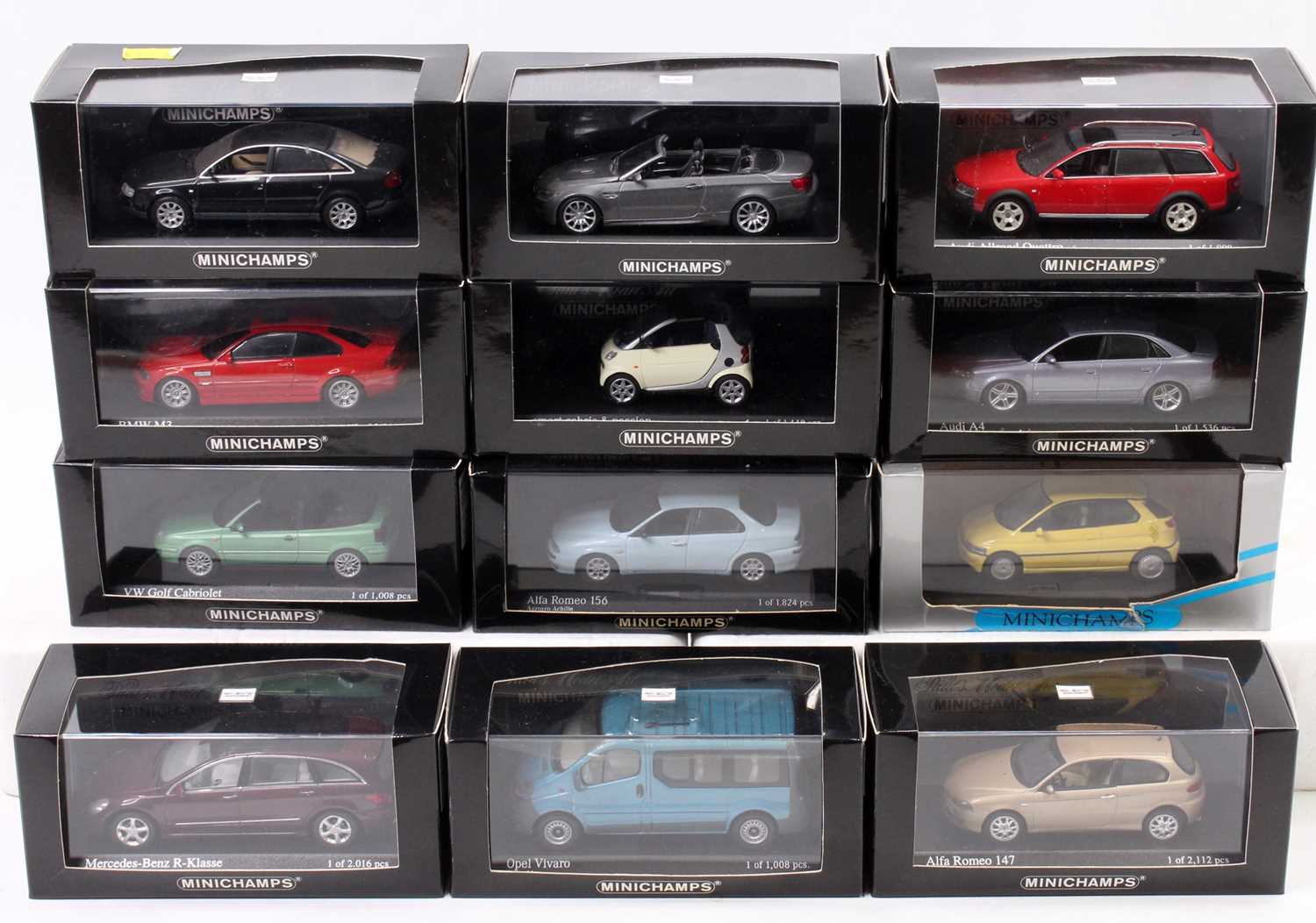 12 Minichamps 1/43rd scale diecasts, examples include No. 400 014400 Audi A4 2004, No. 431 020022