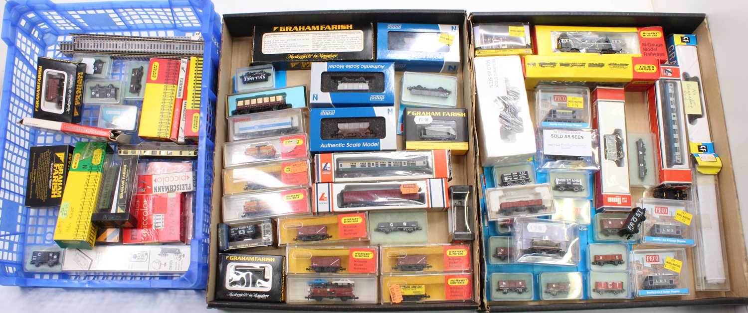 Three various trays containing a good selection of various N gauge related rolling stock,