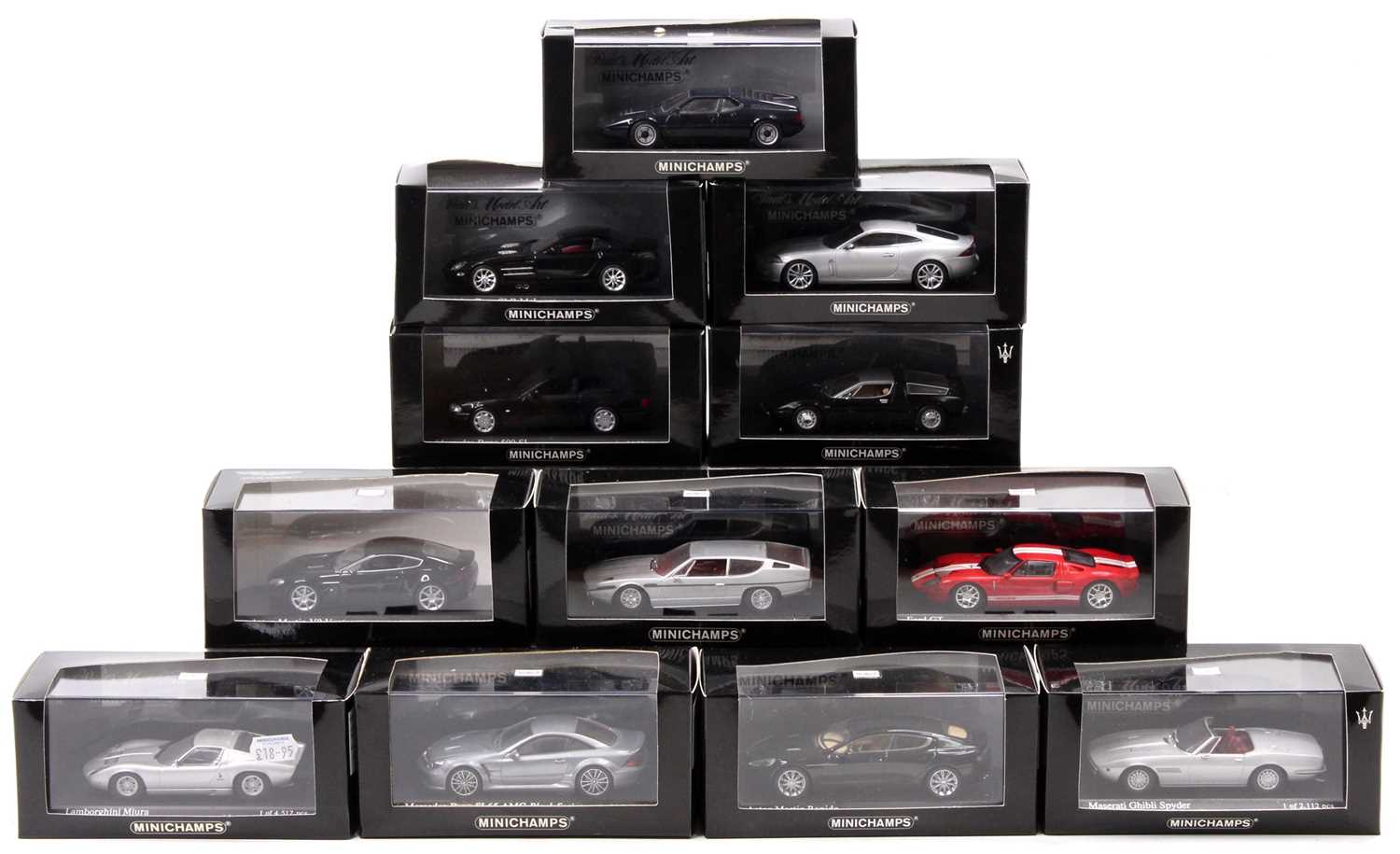 12 Minichamps 1/43rd scale diecasts, examples include No. 400 137900 Aston Martin Rapide 2010, No.