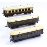 Three Hornby 0-gauge bogie coaches: Riviera Blue Train dining car and sleeping car with No.2 Special