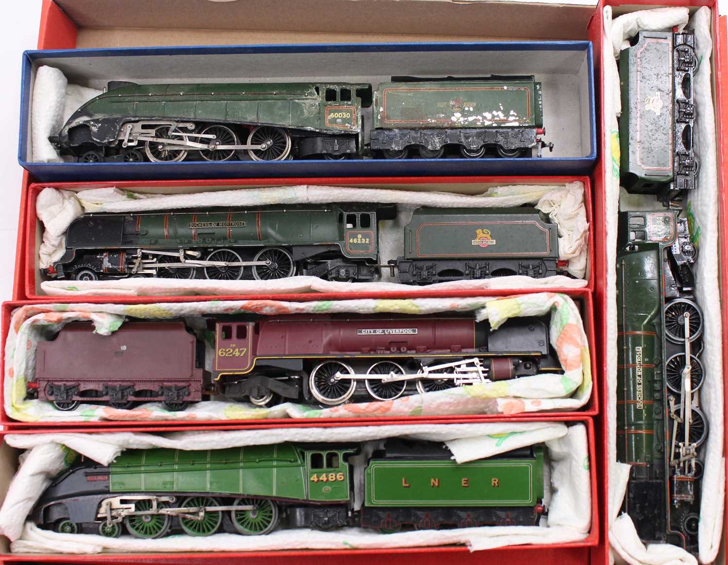 Five loose Hornby Dublo and white metal and later repainted electric locomotives to include a City