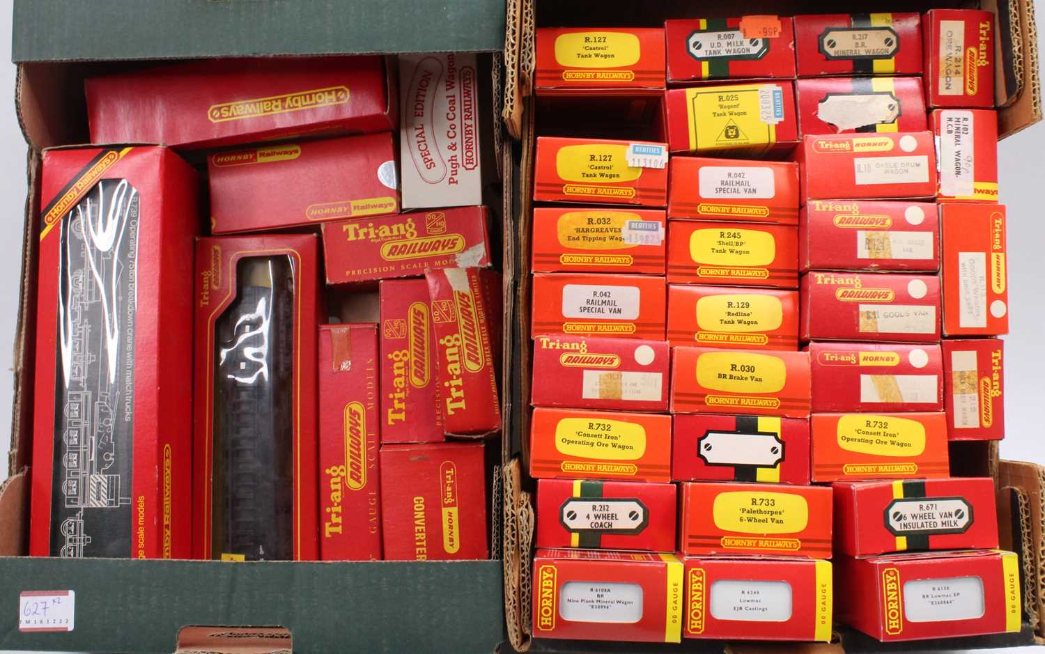 Two trays containing a collection of mixed Triang Hornby and similar 00 scale items of rolling stock