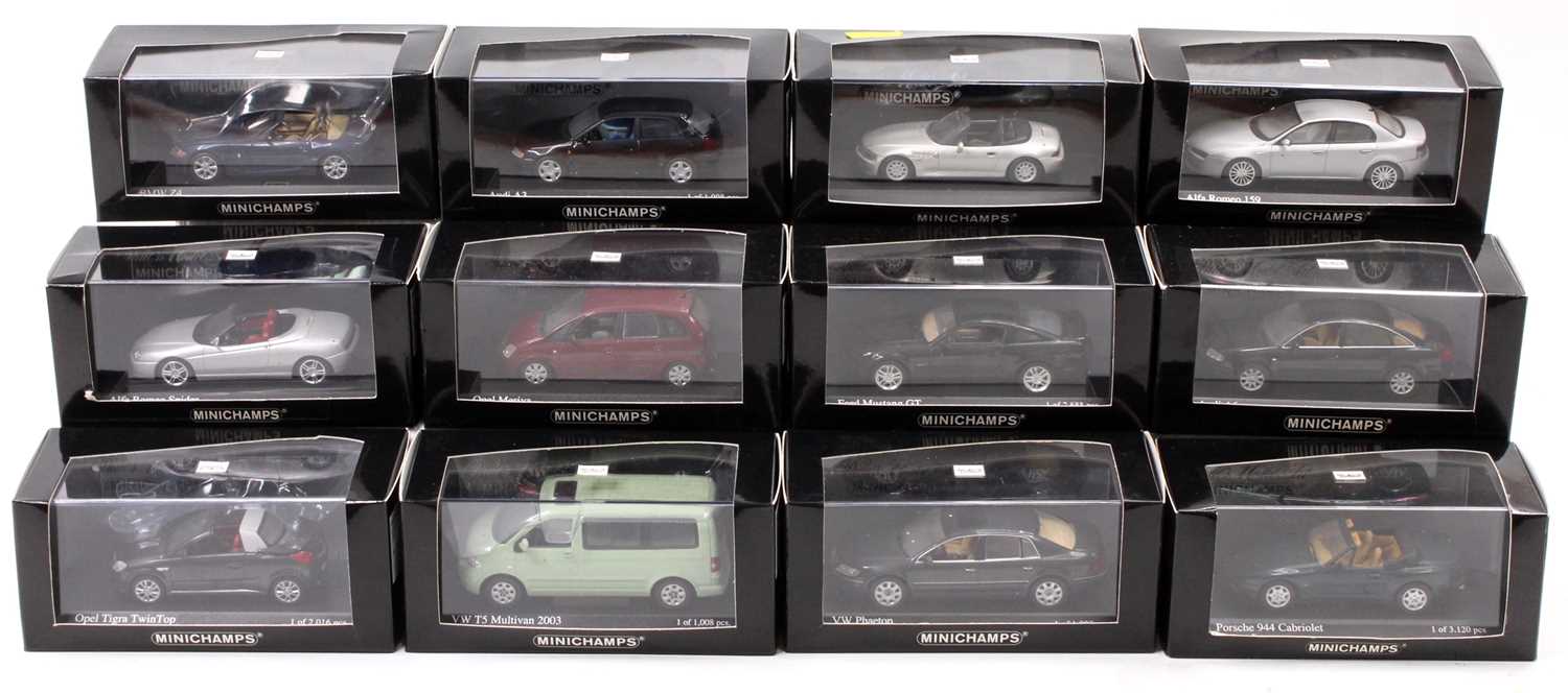 12 Minichamps 1/43rd scale diecasts, examples include No. 400 062231 Porsche 944 Cabriolet 1991, No.