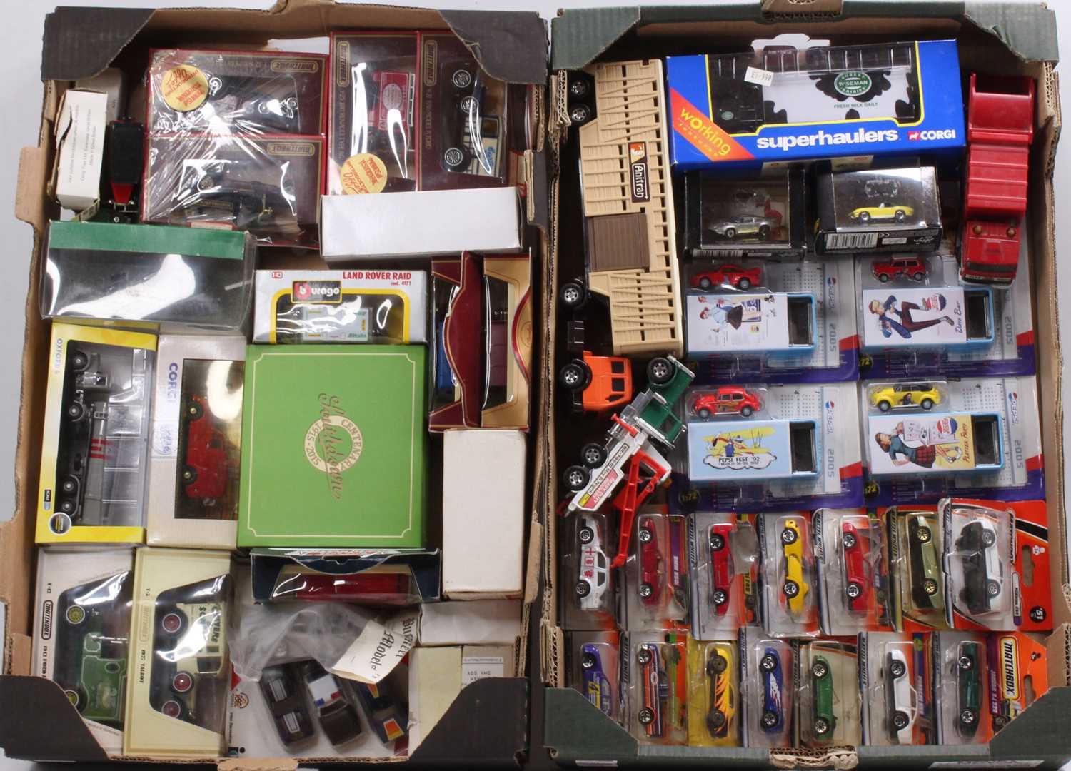 Three trays containing a large collection of mixed modern issue diecast to include Schuco, Hotwheels