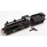 Bing 0 gauge 4-4-0 clockwork loco & coal-rail tender, black with red lining. Areas of repainting