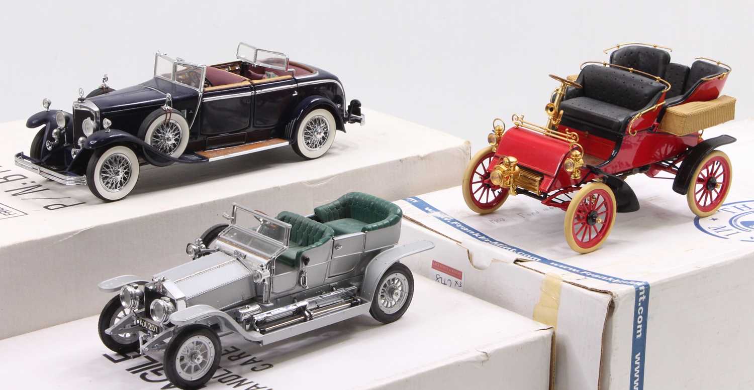 Three boxed Franklin Mint 1/24 scale diecast vehicles to include a 1903 Ford Model A, a 1907 Rolls