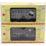 Two Aristo Craft Trains 2-Bay covered hopper cars, G scale: Art 41207 ‘Borx/Boraxo’ silver; and