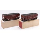 Two scratch-built G scale 2 compartment hopper wagons ‘Southern’ 111 999 and 112 520, each on two