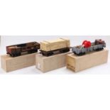 Three scratch-built G scale wagons each on two 4-wheel bogies: lumber wagon with full load of sawn