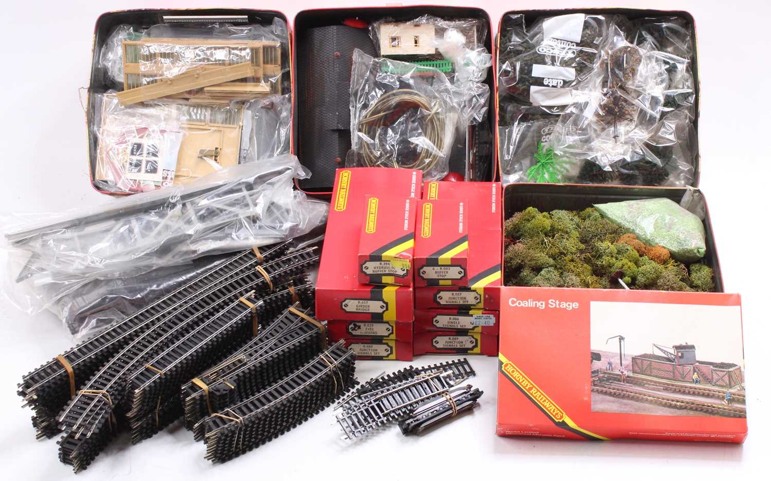 Large box of 00-gauge scenic accessories and track: foliage, trees, buildings, girder bridge,