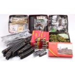 Large box of 00-gauge scenic accessories and track: foliage, trees, buildings, girder bridge,