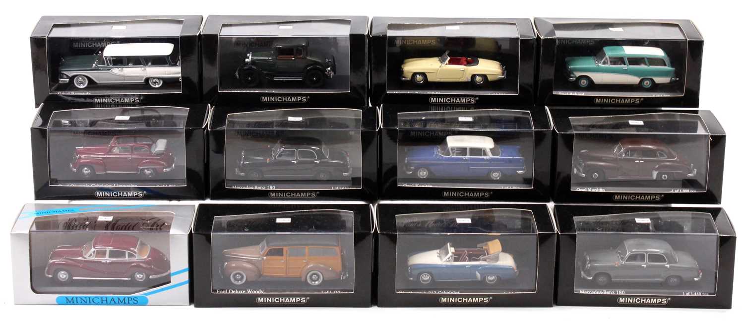 12 Minichamps 1/43rd scale diecasts, examples include No. 430 033107 Mercedes-Benz 180 1963, No. 400
