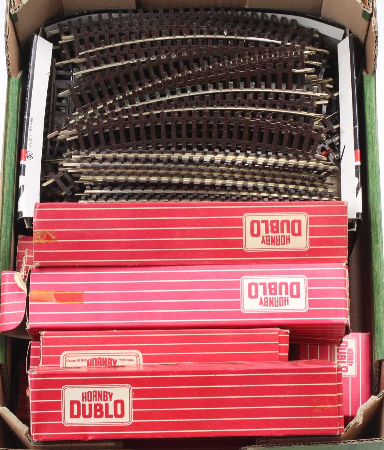 Half size, deep supermarket tray full of Hornby-Dublo 2-rail track, includes straights, curves &