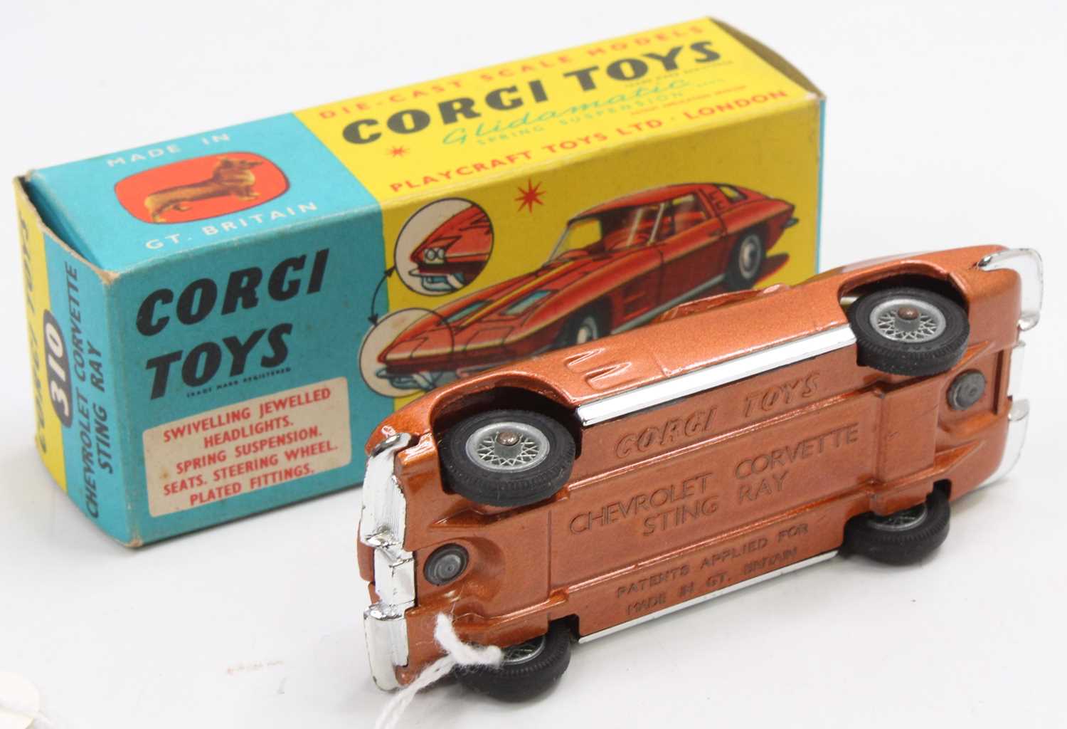 Corgi Toys, No.310 Chevrolet Corvette Sting Ray, rare bronze body with yellow interior, wire hubs, - Image 2 of 3
