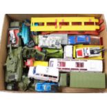 A tray containing a selection of play-worn Dinky Toys including a No. 974 Hoyner Car Transporter,