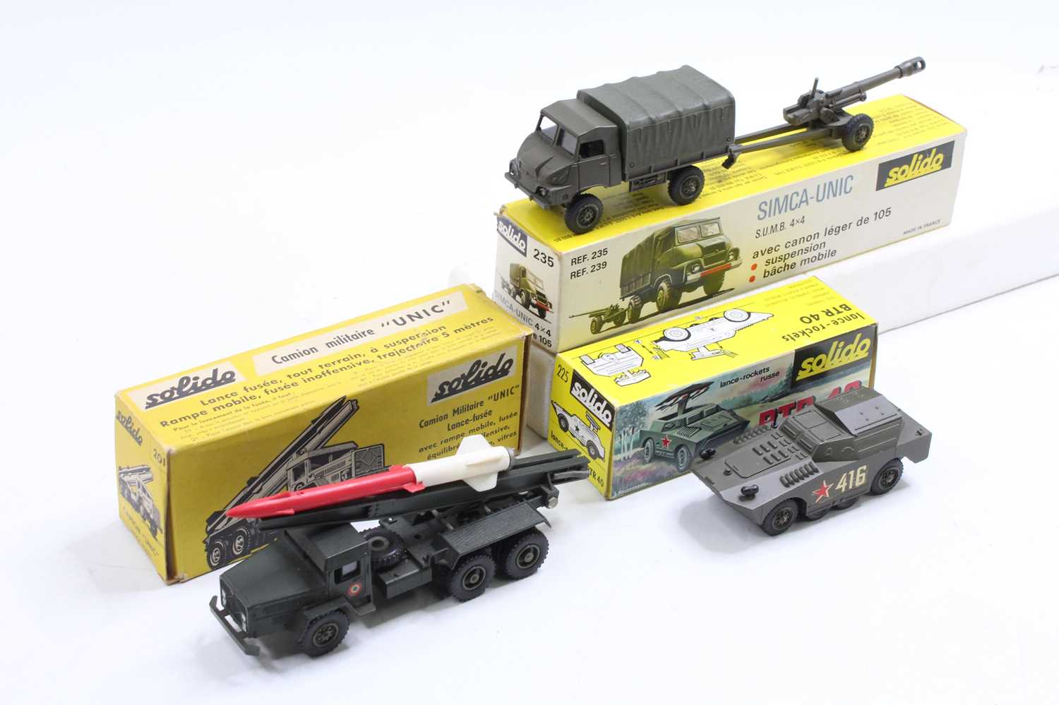 Solido, boxed military model group of 3 comprising No. 235 Simca Unic 4x4 Truck and mobile cannon,