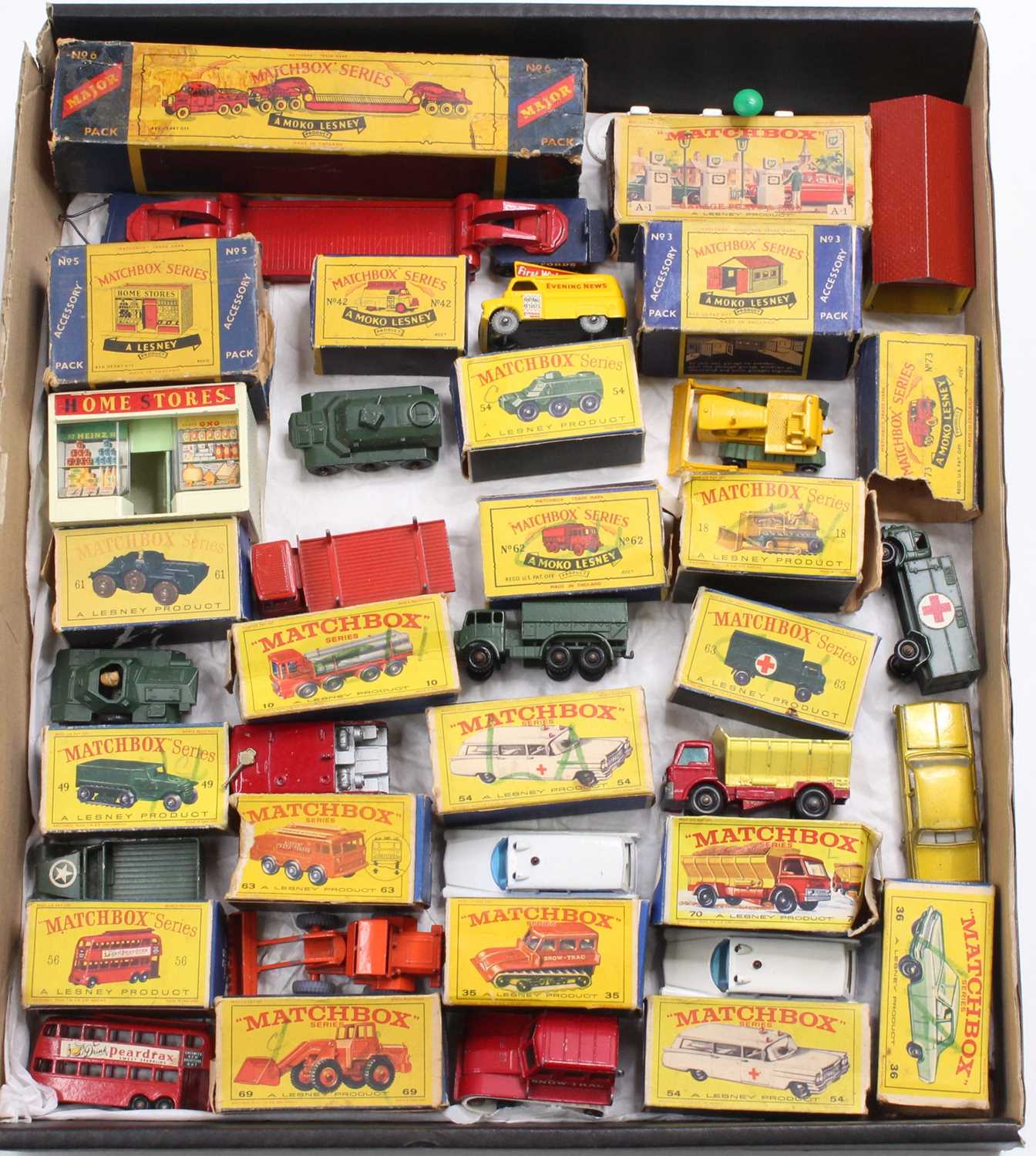 A collection of Matchbox Lesney diecasts, with examples to include a No. 56 London Trolleybus, No.