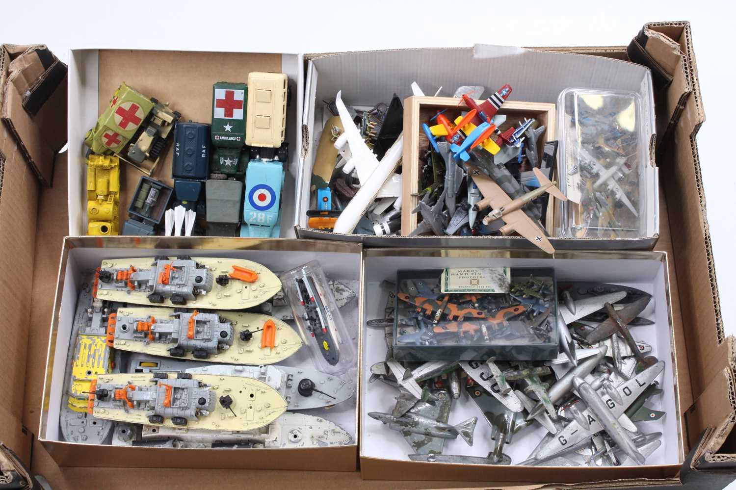 One box containing a collection of mixed diecast plastic and scratch built model aircraft to include