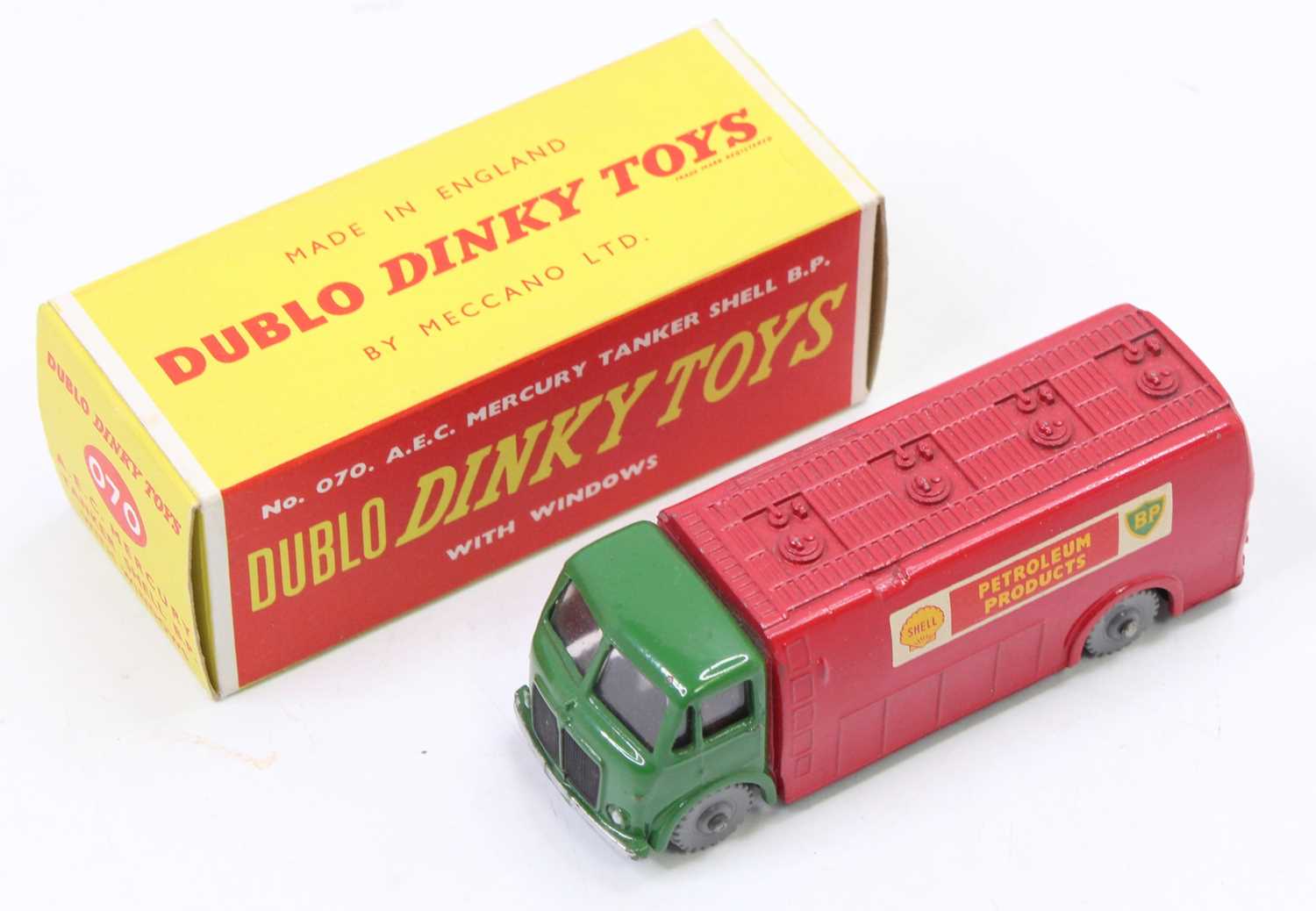 Dublo Dinky Toys No. 070 AEC Mercury tanker, Shell/BP, with windows, grey knobbly wheels, in the