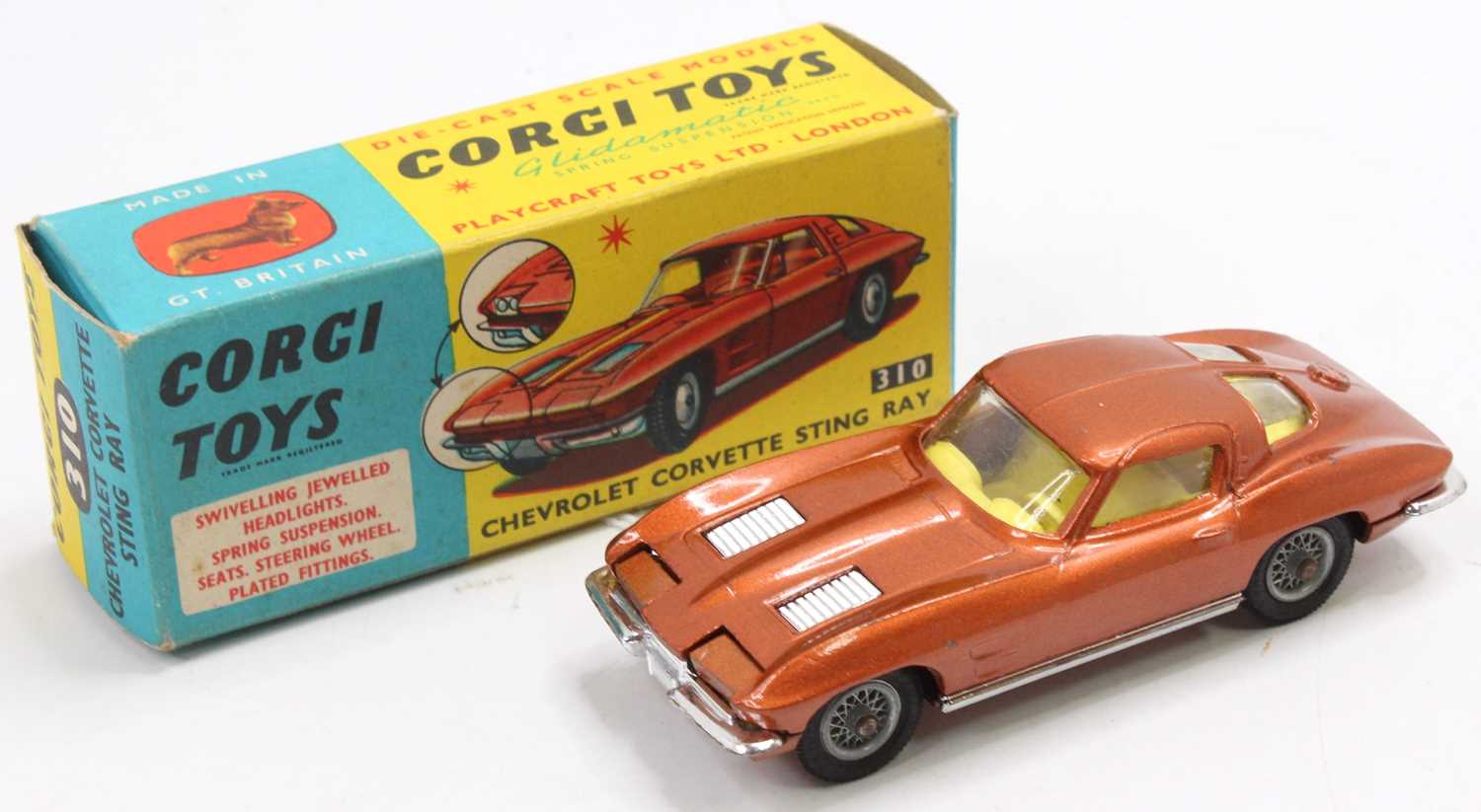 Corgi Toys, No.310 Chevrolet Corvette Sting Ray, rare bronze body with yellow interior, wire hubs,