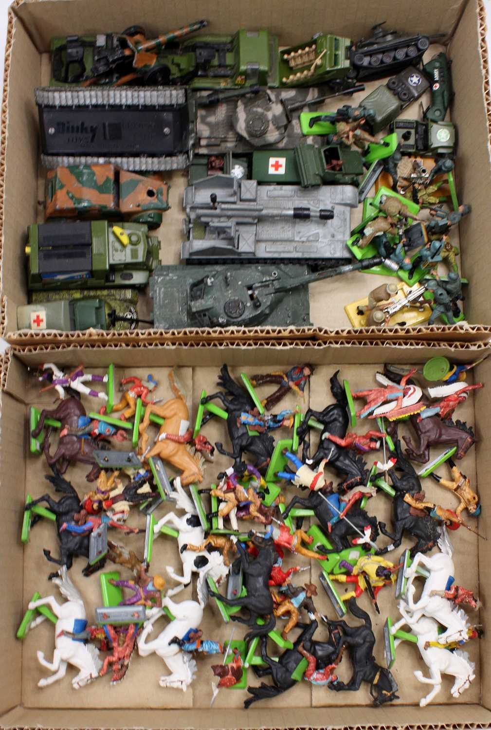 2 trays containing a selection of Britains Deetail figures and military diecasts including various