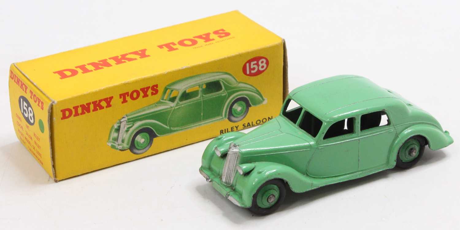 Dinky Toys No. 158 Riley saloon comprising of green body with matching hubs, the model has some