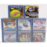 One box of 8 various sport related Dreamcast Games, to include Surf Rocket Racer, F1 Racing,