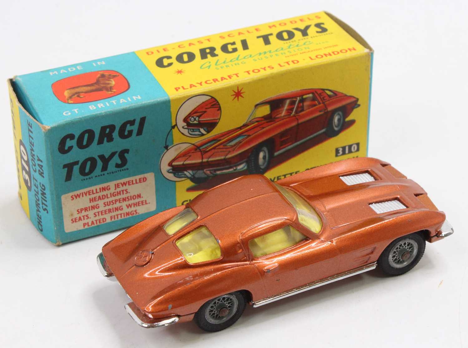 Corgi Toys, No.310 Chevrolet Corvette Sting Ray, rare bronze body with yellow interior, wire hubs, - Image 3 of 3