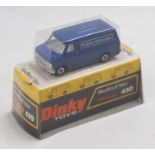 Dinky Toys, 410 John Menzies Bedford Van, blue body with white interior, in the original bubble