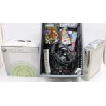 One box containing a collection of mixed XBox 360 consoles, controllers, remote controls, hand sets,