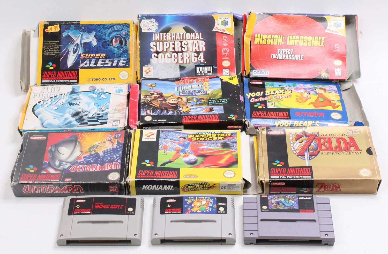 A collection of various Super Nintendo and N64 boxed and loose games to include Zelda a Link to
