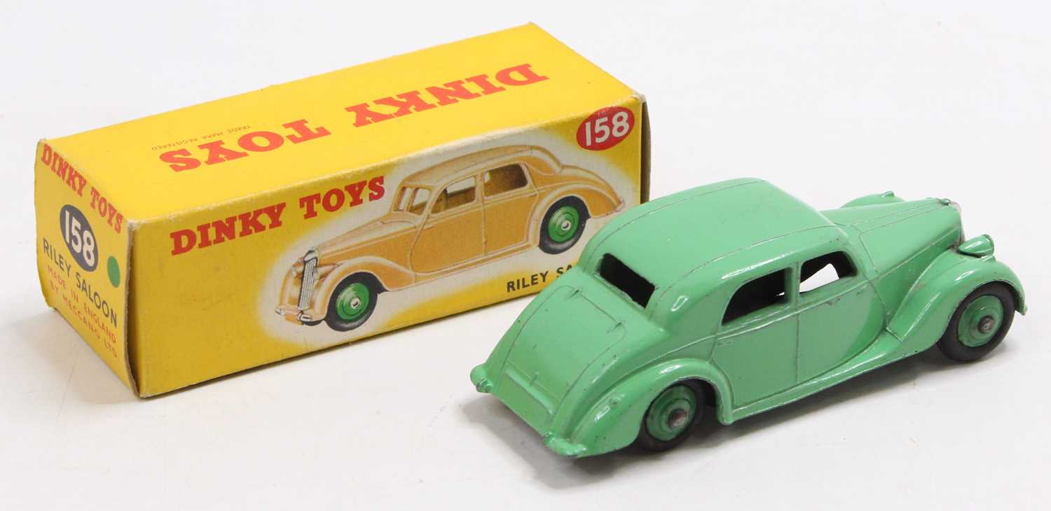 Dinky Toys No. 158 Riley saloon comprising of green body with matching hubs, the model has some - Image 2 of 2
