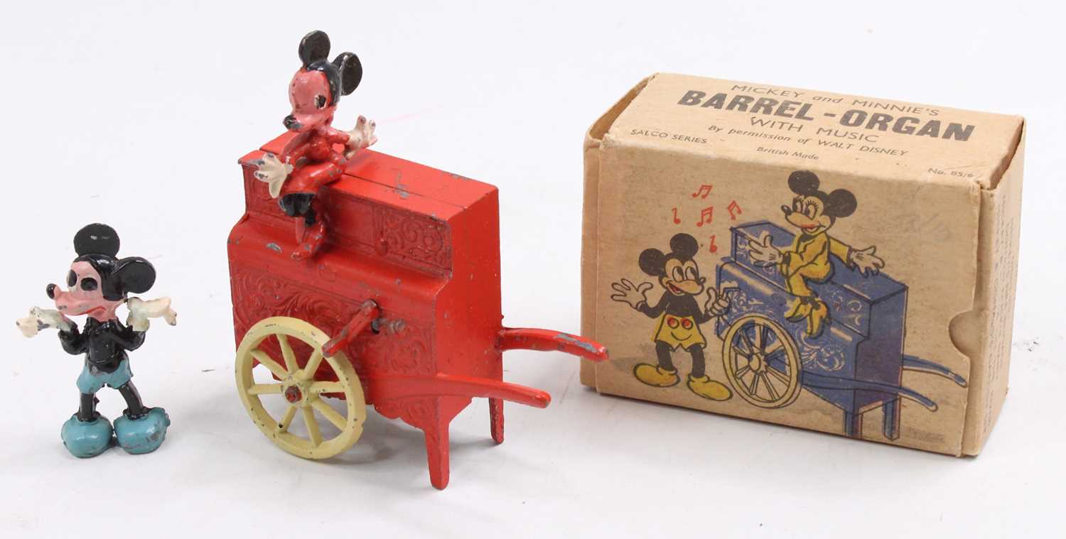 Salco, circa 1949 - Mickey & Minnie's Barrel Organ, comprising: Barrel Organ Handcart in red with