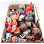 A collection of mixed vintage children's toys including an S.H. Toys of Japan tinplate friction