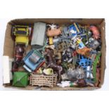 One tray containing a selection of mixed lead hollow cast and plastic Britains, Timpo, and similar