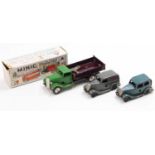 Triang Minic tinplate clockwork group of 3 comprising a Delivery Lorry in green and maroon, the rear