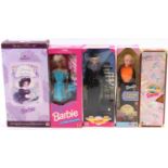 5 boxed Mattel Barbie Dolls, with examples including International Travel Barbie, Airline Pilot