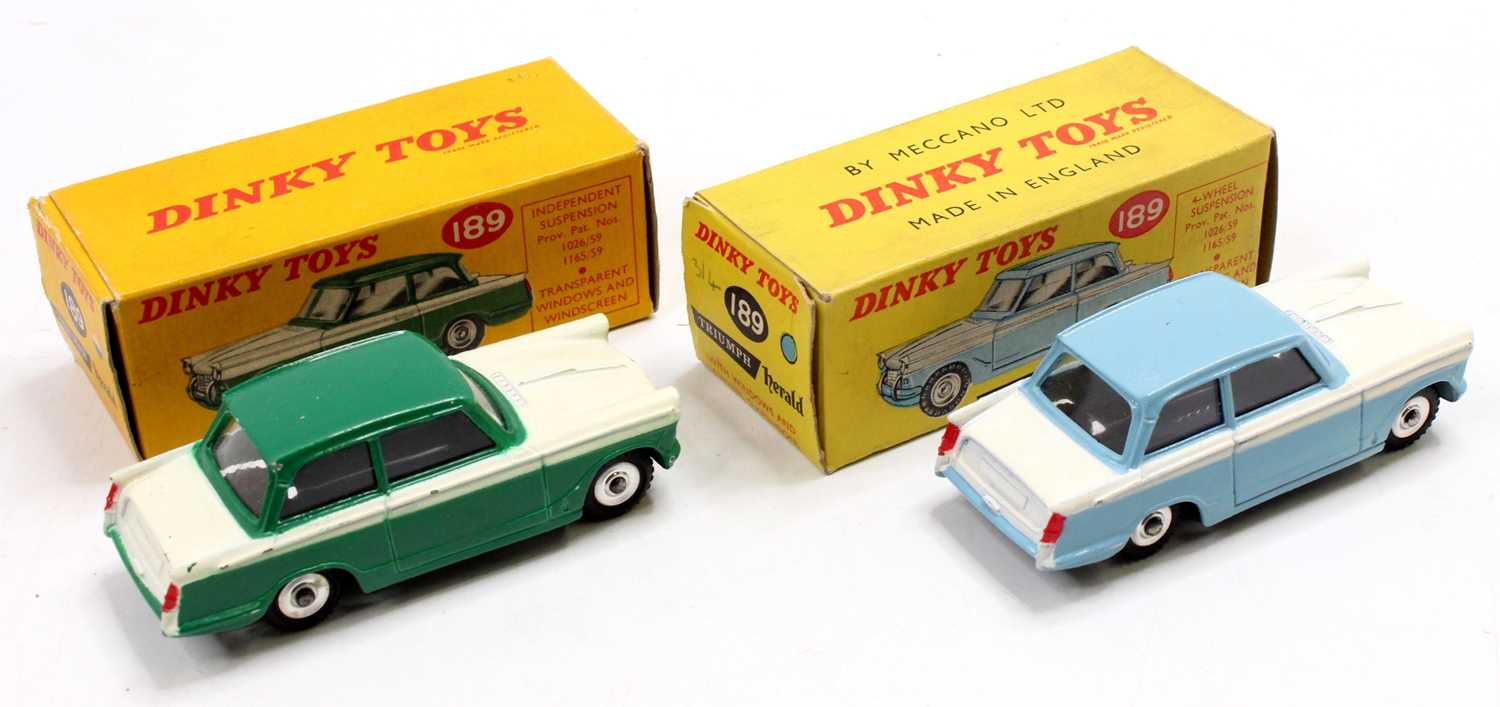 2 Dinky Toys No. 189 Triumph Herald, with the first comprising a pale blue and white body, spun - Image 2 of 3