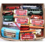 A tray containing a collection of various bus and coach models, with specific examples being Lone