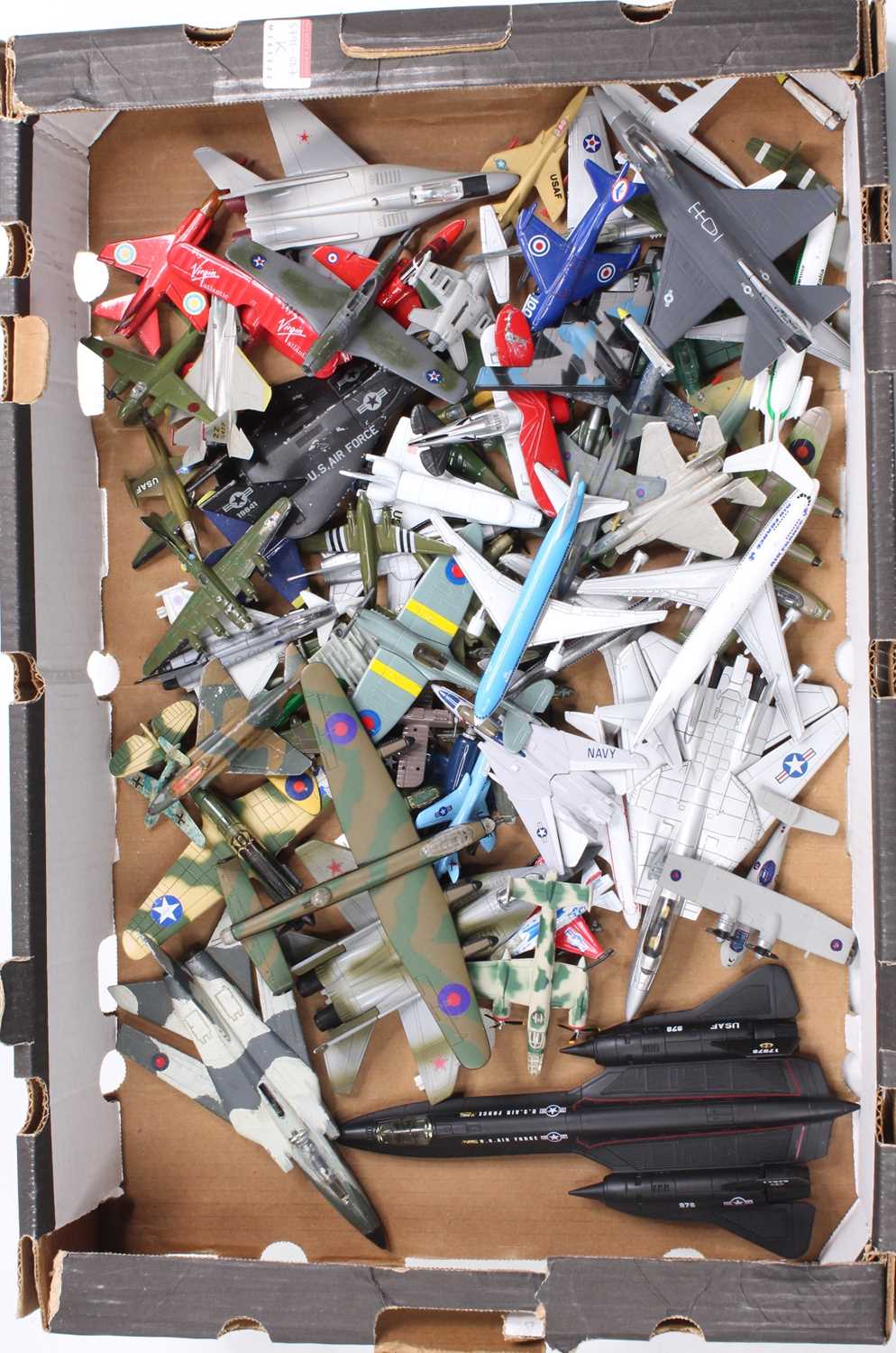 One tray containing a collection of mixed diecast, white metal, and plastic model aircraft to