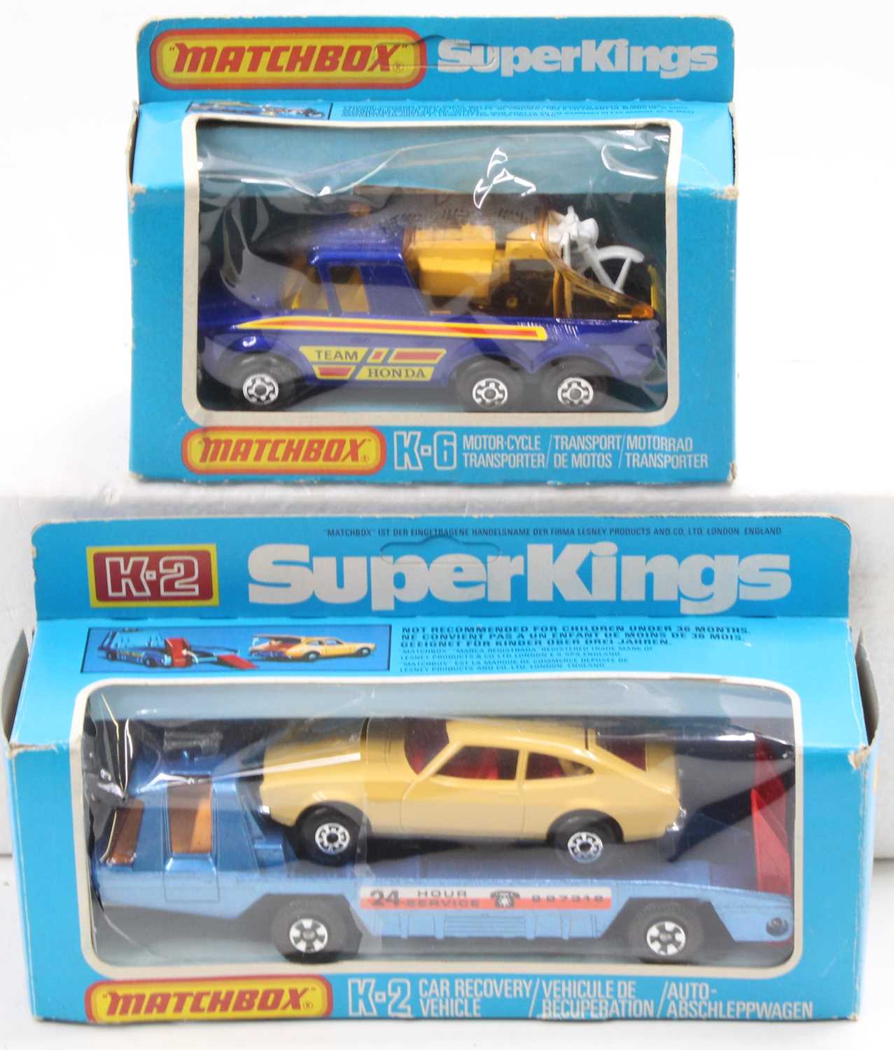 2 Matchbox Lesney Super Kings comprising K2 Car Recovery in metallic blue, with red plastic ramps,